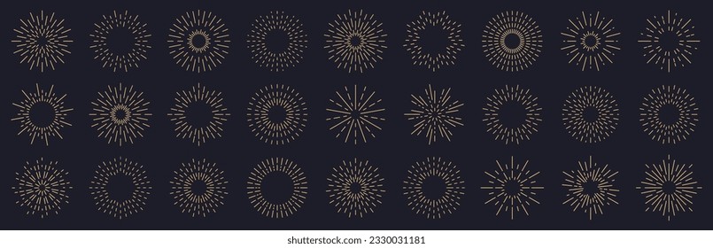 Sunburst element collection. Set of golden radial sunrise. Vintage sunbeam shape collection. Set of retro line sun burst elements