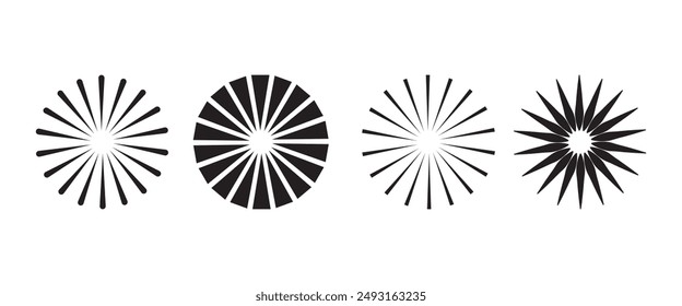 Sunburst element radial stripes or sunburst backgrounds icons set. Collection of rays design. Retro stars black vector isolated on transparent. Editable stock flat geometric sunburst symbol.