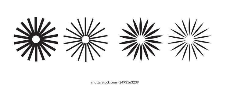 Sunburst Element Radialstreifen oder Sunburst Hintergründe Symbole gesetzt. Kollektion von Strahlen Design. Retro Sterne schwarze Vektorgrafik isoliert auf durchsichtig. Editierbares flaches geometrisches Sunburst-Symbol.