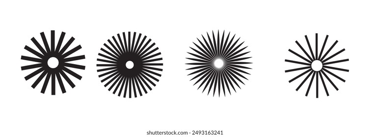 Sunburst element radial stripes or sunburst backgrounds icons set. Collection of rays design. Retro stars black vector isolated on transparent. Editable stock flat geometric sunburst symbol.