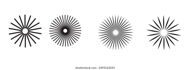 Sunburst Element Radialstreifen oder Sunburst Hintergründe Symbole gesetzt. Kollektion von Strahlen Design. Retro Sterne schwarze Vektorgrafik isoliert auf durchsichtig. Editierbares flaches geometrisches Sunburst-Symbol.