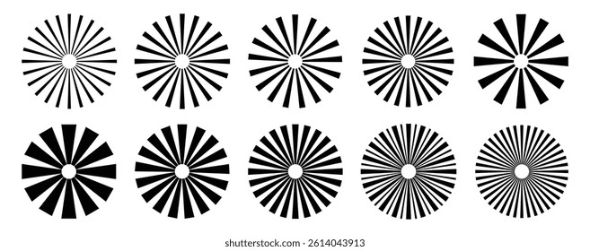 Sunburst element radial stripes on white background. Abstract stripes with center. Sunburst elements isolated on white background.