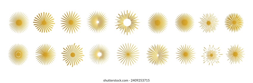 Elemento de ráfaga de sol, rayas radiales, colección de rayos, icono vectorial, conjunto de starburst, explosión de fuegos artificiales, emblema del logotipo, banner web, ilustración vectorial, diseño de ráfagas de sol, gráfico de ráfagas, colección de ráfagas