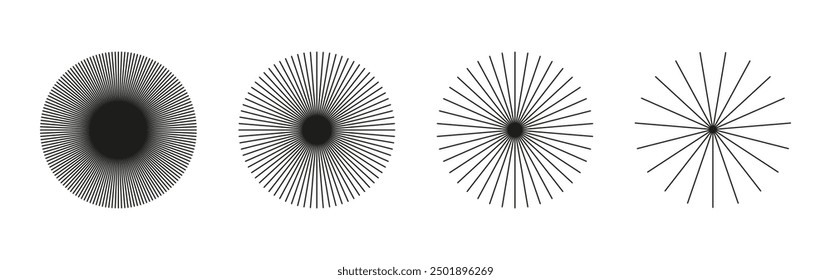 Sunburst element, radial stripes. Sun star rays. Set ray beam, burst. Radial circle radiation lines. Circulars lines. Spokes with radiating stripes grid. Outline graphic. Abstract illusion pattern.