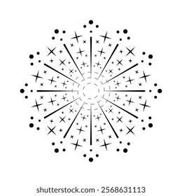 Sunburst element with radiant firework sparkle. Circular explosion design with flaring sparks. Firecracker outbreak icon in a simple black and white isolated format
