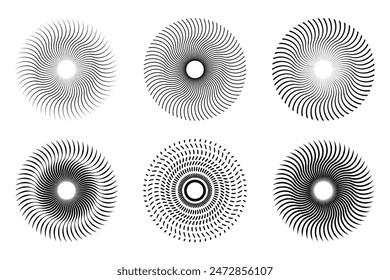 Sunburst-Element. Runde, radiale Sonnenausbruch, Set von Ikonen von Sternen.  Runde Bohnen, Sonnenstrahl-Vektorgrafik. Feuerwerk-Vektorgrafik. Abstraktes geometrisches Rundformdesign.	