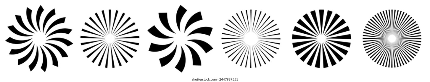 Sunburst element set.Sun burst radial vector elements. Collection of ray. Black burst circular background. Starburst sunburst round shape. Vector illustration.