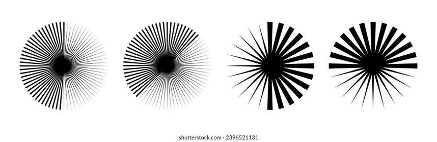 Sunburst element set. Converging, merging, spreading lines background pattern. Radial Rays, beams, radiating, stripes abstract circular element collection.