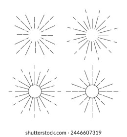 Elementos Sunburst. Line art minimalista boho suns. Rayos de sol que reventan. Conjunto de fuegos artificiales lineales. Elemento de diseño del logotipo de Sun. Rayos de sol radiales. Ilustración vectorial de explosiones solares, efectos de explosión.