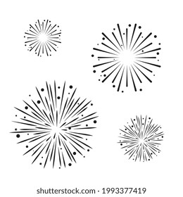 Sunburst explosion element or logo design. Exploding fireworks sign. Stars fireworks in line set. Happy New year celebration. Fireworks icon Vector illustration. Design on white background. EPS 10