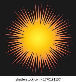 Sunburst explosion vector graphic. Detonation icon. Cartoon style firework flash logo. Spark beam symbol. Explosive bomb flare sign. Isolated on black background.