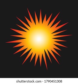 Sunburst explosion vector graphic. Detonation icon. Cartoon style firework flash logo. Spark beam symbol. Explosive bomb blast flare sign. Isolated on black background.	
