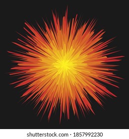Vektorgrafik der Sonnenbrand-Explosion Detonationssymbol. Cartoon Stil Feuerwerk Flash-Logo. Abstraktes Funkstrahlsymbol. Sprengbombensprengzeichen Einzeln auf schwarzem Hintergrund.