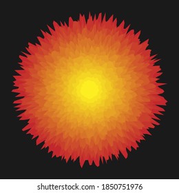Gráfico vectorial de explosión de sol. Icono de sol y estrella. Explosión abstracta. Logo de flash de fuegos artificiales estilo caricatura. Símbolo de haz de chispa. Signo de explosivo estallido de bomba. Aislado sobre fondo negro.