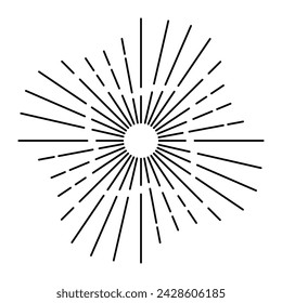Sunburst firework explosion, bursting or light rays, linear drawing. Vector trendy hand drawn retro isolated design element