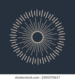 Sunburst firework explosion, bursting or light rays, linear drawing. Vector trendy hand drawn retro isolated design element