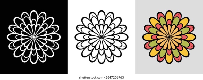 Sunburst flower mandala with layered rays and vibrant color fills for bold floral decor.