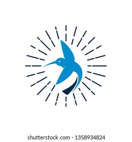 Sunburst Flying Hummingbird Colibri Blue Logo Symbol