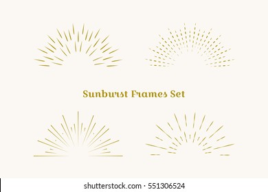 Sunburst frames set. Retro gold Sun burst shape. Vintage explosion logo, label, badge. Firework design element. Old light rays. Retro, vintage, hipster starburst.