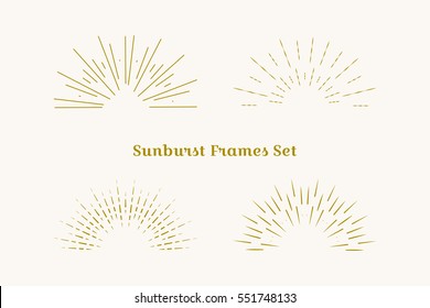 Sunburst Frames Set. Retro Gold Sun Burst Shape. Vintage Explosion Logo, Label, Badge. Firework Design Element. Old Light Rays. Retro, Vintage, Hipster Starburst.