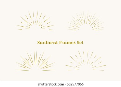 Sunburst frames set. Retro gold Sun burst shape. Vintage explosion logo, label, badge. Firework design element. Old light rays, starburst. Retro, vintage, hipster, boho style.