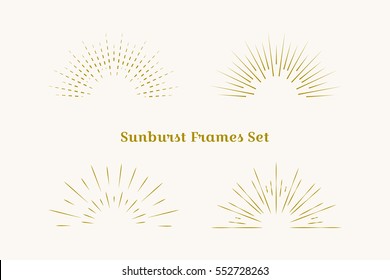 Sunburst frames set. Retro gold Sun burst shape. Vintage explosion logo, label, badge. Firework design element. Old light rays, starburst. Retro, vintage, hipster, boho style.
