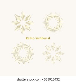 Sunburst frames set. Retro gold Sun burst shape. Vintage explosion logo, label, badge. Firework design element. Old light rays radiating from a center. Retro, vintage, hipster style starburst