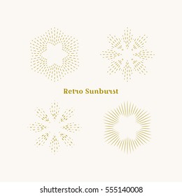 Sunburst frames set. Retro gold Sun burst shape. Vintage explosion logo, label, badge. Firework design element. Old light rays radiating from a center. Retro, vintage, hipster style starburst.