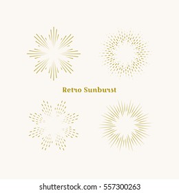 Sunburst frames set. Retro gold Sun burst shape. Vintage explosion logo, label, badge. Firework design element. Old light rays radiating from a center. Retro, vintage, hipster style