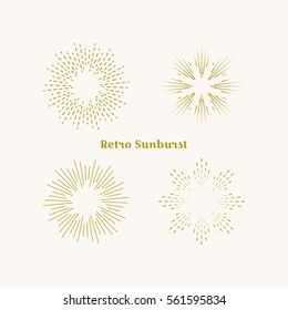 Sunburst frames set. Retro gold Sun burst shape. Vintage explosion logo, label, badge. Firework design element. Old light rays radiating from a center. Retro, vintage, hipster style starburst.