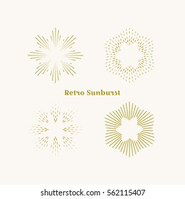Sunburst frames set. Retro gold Sun burst shape. Vintage explosion logo, label, badge. Firework design element. Old light rays radiating from a center. Retro, vintage, hipster style starburst.