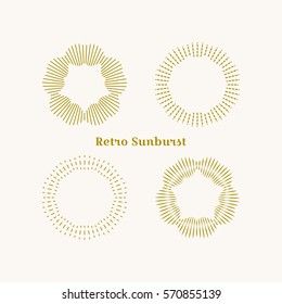 Sunburst frames set. Retro gold Sun burst shape. Vintage explosion logo, label, badge. Firework design element. Old light rays radiating from a center. Retro, vintage, hipster style starburst