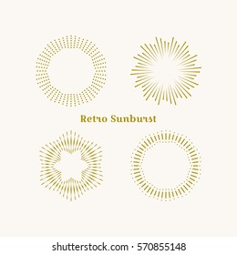 Sunburst frames set. Retro gold Sun burst shape. Vintage explosion logo, label, badge. Firework design element. Old light rays radiating from a center. Retro, vintage, hipster style starburst