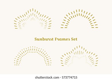 Sunburst frames set. Retro gold Sun burst shape. Vintage explosion logo, label, badge. Firework design element. Old light rays radiating from a center. Retro, vintage, hipster style starburst