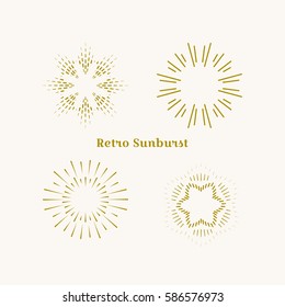 Sunburst frames set. Retro gold Sun burst shape. Vintage explosion logo, label, badge. Firework design element. Old light rays radiating from a center. Retro, vintage, hipster style