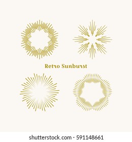 Sunburst frames set. Retro gold Sun burst shape. Vintage explosion logo, label, badge. Firework design element. Old light rays radiating from a center. Retro, vintage, hipster style