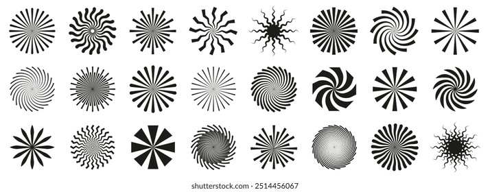 Sunburst geometric radial element stripes background. Set of radial stripes or sunburst backgrounds. Retro sunburst element collection
