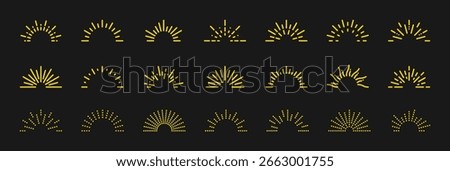 Sunburst gold icon set. Sunshine, sunlight, sun sign, symbol collection. Summer weather. Vector illustration. A design element. Isolated on a black background. Editable stroke.