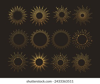 Explosion de Sunburst or vintage. Création vectorielle dessinée à la main, Élément magique. Collection Fireworks. Rayons de soleil bohème icônes et symboles linéaires pour la décoration