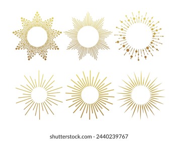 Sunburst gold vintage explosion. Handdrawn vector Design, magical Element. Fireworks collection. Bohemian sunrays linear icons and symbols for decoration