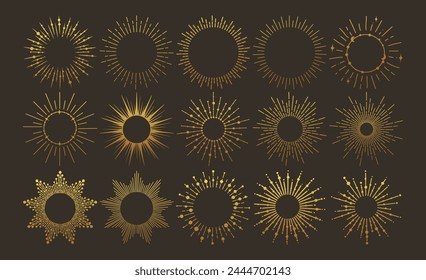 Explosión de oro vintage Sunburst. Diseño de Vector a mano, elemento mágico. Colección de fuegos artificiales. Iconos lineales y símbolos para la decoración