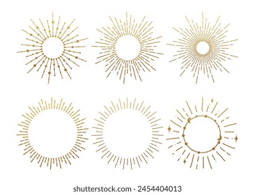 Sunburst gold vintage explosion. Handdrawn vector Design, magical Element. Fireworks collection. Bohemian sunrays linear icons and symbols for decoration