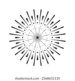 Sunburst graphic featuring firework spark outburst. Radiant light explosion with circular flare design. Firecracker inspired icon in black and white isolated form