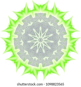 Sunburst guilloche rosette inspired by Aztec sundials with fluorescent gradient green pointed petals and floating gray geometric lines.