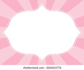 Sunburst horizontal background in pink colors with white vintage frame.  Sunlight background with space for text. Template for greeting card,  birthday or wedding invitation. Vector illustration.