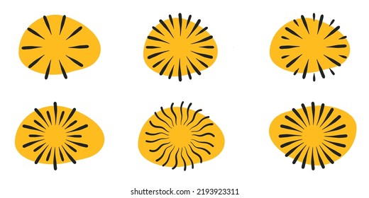 Sunburst icon in black lines with bright orange spot. Vector illustration of hand drawn sketch of glowing circle.