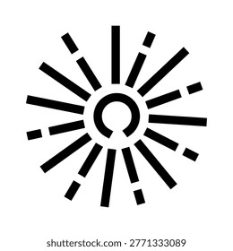 Sunburst icon with a central ring emitting radiating, segmented lines representing sunshine, warmth, light, and energy, isolated on a clean white background