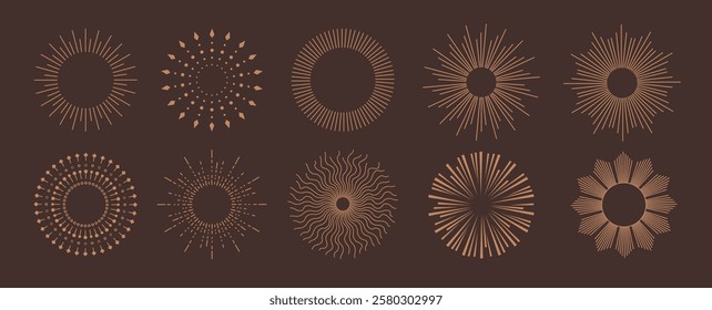 Sunburst icon clipart set. Vintage sunburst clip art logo and symbol collection with radial abstract sunrays vector illustration in dark background.
