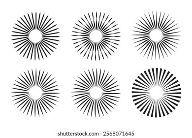 Sunburst icon, elements collection. Circular beams vector. Sun rise light round decoration elements. Vector illustration. Abstract line circle vector background. Radial stripes background.