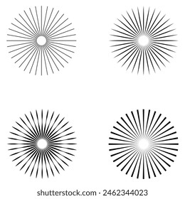 Sunburst icon in liner style. Burst symbol vector collection. Radial sun burst. Black-white round sunburst icons. Starburst circles. Vector illustration. Eps file 223..